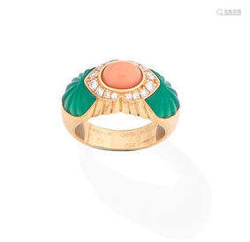 A chyrsophrase, coral and diamond ring, by Cartier