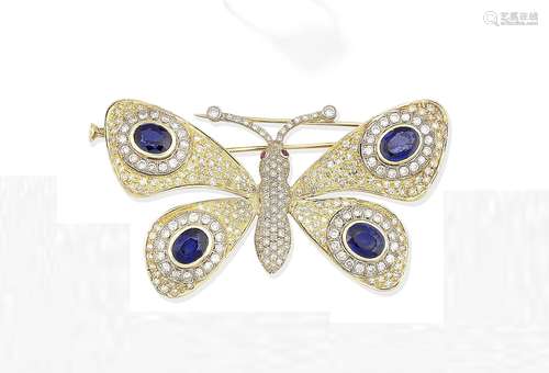 A sapphire and diamond butterfly brooch