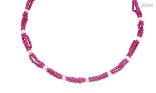 A ruby, cultured pearl and diamond necklace