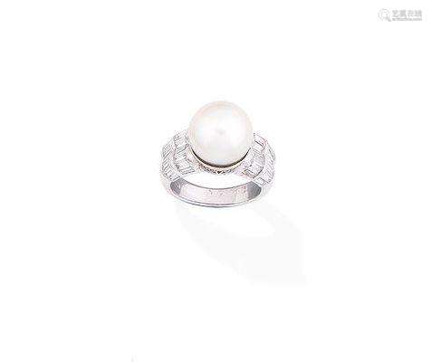 A cultured pearl and diamond dress ring