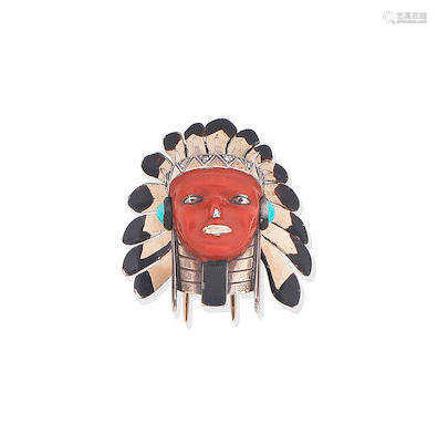 An enamel, turquoise and diamond Native American Chief brooch, by Cartier, circa 1937