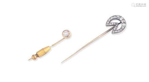 (2) A diamond stick pin and a late 19th century diamond stick pin