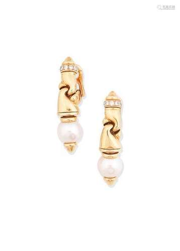 A pair of cultured pearl and diamond earclips, by Bulgari