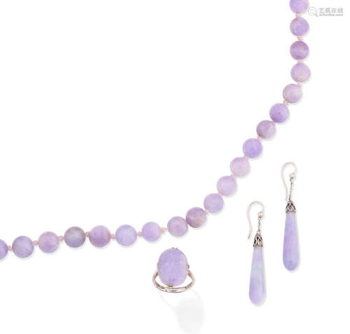 (3) A lavender jade bead necklace, a pair of lavender jade pendent earrings and a lavender jade ring