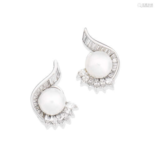 A pair of natural freshwater pearl and diamond earclips, by Gübelin