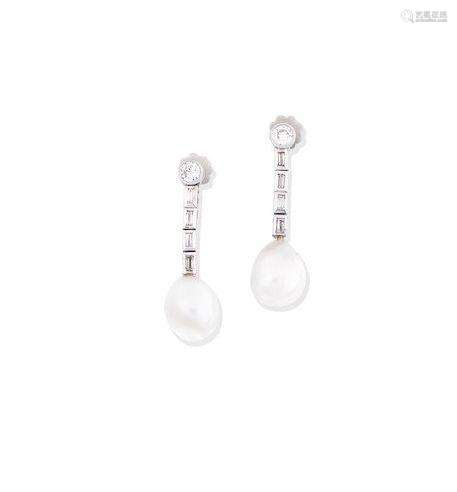 A pair of natural pearl and diamond pendent earrings