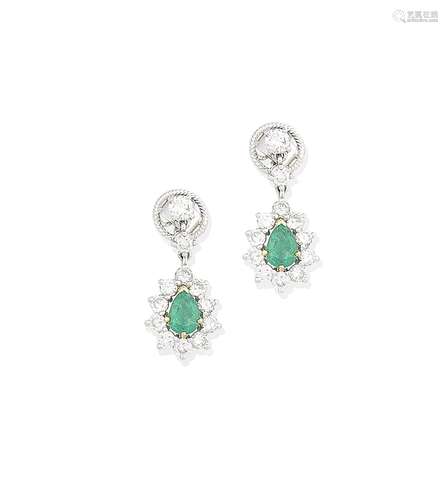 A pair of emerald and diamond pendent earrings