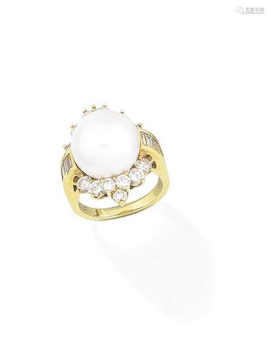 A cultured pearl and diamond ring