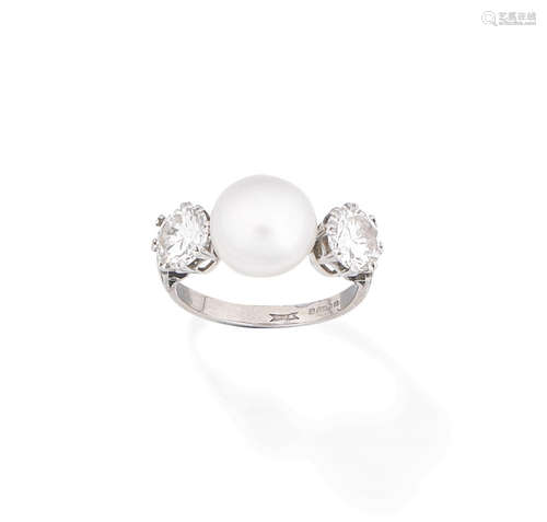 A natural pearl and diamond three-stone ring