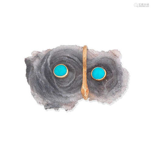 An agate and turquoise owl brooch, by Grima, 1975