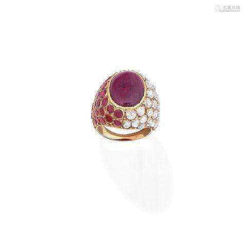 A ruby and diamond bombé ring