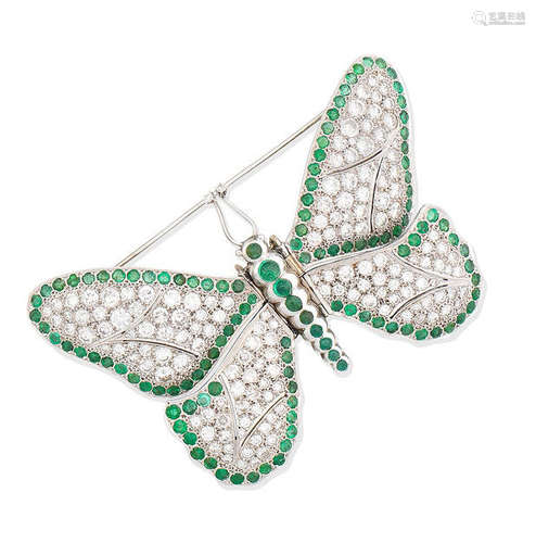 An emerald and diamond butterfly brooch