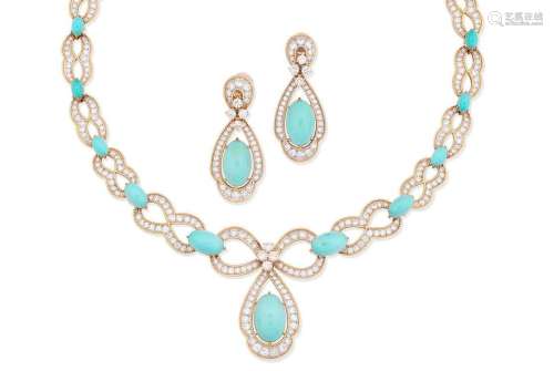 (2) A turquoise and diamond fancy-link necklace and earclip suite, by Asprey, circa 1978