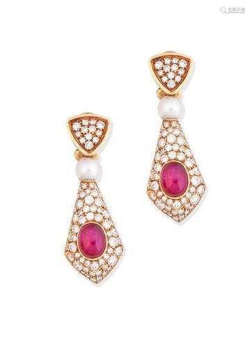 A pair of ruby, diamond and cultured pearl pendent earclips