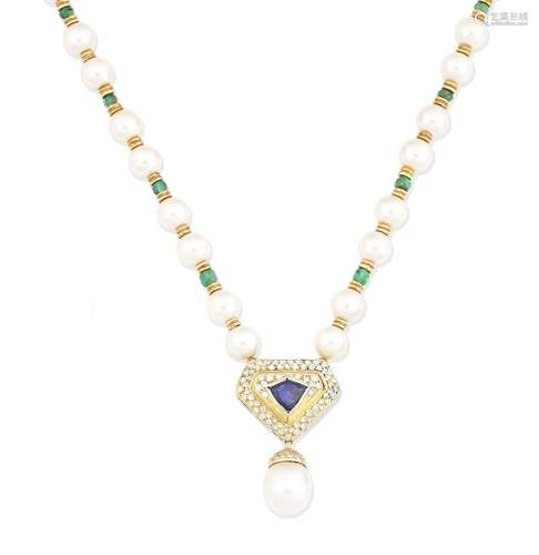 A cultured pearl and gem-set necklace