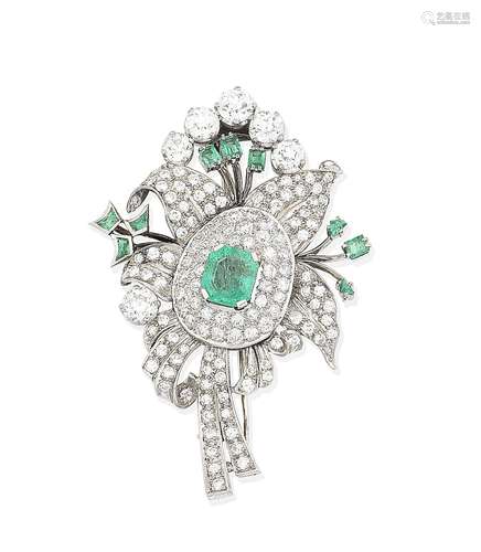 An emerald and diamond spray brooch, circa 1950