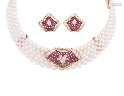 (2) A ruby, diamond and cultured pearl choker and earclip suite, retailed by David Morris