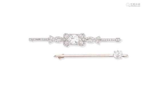 (2) A diamond bar brooch, circa 1900, and a diamond brooch