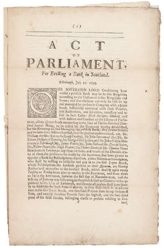 Act of Parliament, For Erecting a Bank in Scotland.  Edinburgh: Heirs and Successors of Andrew Anderson, Printer to the Kings Most Excellent Majesty, 1695. BANK OF SCOTLAND.