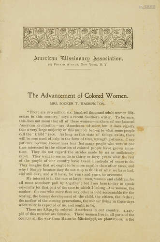 The Advancement of Colored Women.  New York: American Missionary Association, [c. 1900]. WASHINGTON, MARGARET MURRAY (MRS. BOOKER T.)  1865-1925.