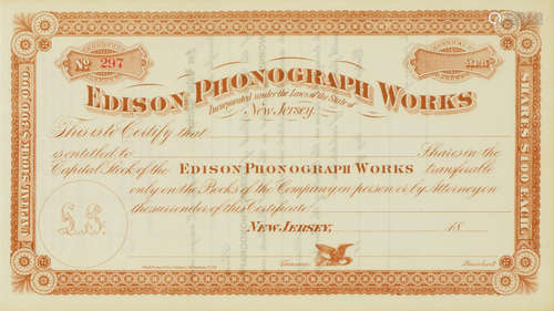 Edison Phonograph Works.  New Jersey, [c.1887]. EDISON COMPANY STOCK CERTIFICATE.