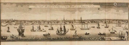 The South Prospect of the City of New York in America. In London Magazine, August, 1761. EARLY FOLDING VIEW OF NEW YORK CITY.