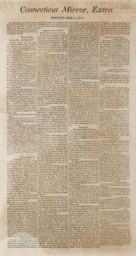 Latest from England [American Prisoners of War] ... Expedition to America ... Capture of the Java ... &c. In Connecticut Mirror Extra. [Hartford: Printed by C. Hosmer, May 3, 1813.] WAR OF 1812 BROADSIDE.