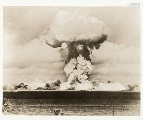 Gelatin silver print photograph, OPERATION CROSSROADS: BIKINI ATOLL RESTRICTED PHOTOGRAPH OF A-BOMB.