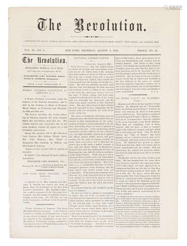 The Revolution. Vol IV, no 5.   New York: Susan B. Anthony, Proprietor, August 5, 1869. WOMEN'S SUFFRAGE MOVEMENT.