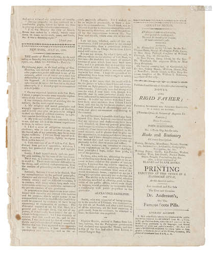 Weekly Museum, no 29, vol XVI, no 900.  New York: John Harrisson, no. 3 Peck Slip, July 21, 1804. THE BURR-HAMILTON DUEL.