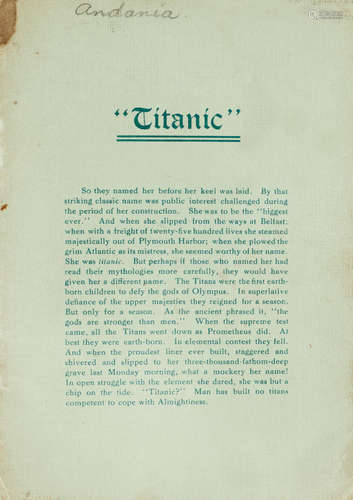 In the Hollow of His Hand. New York: Published by the courtesy of Col. George Clinton Batcheller, LL.D., April 21, 1912. TITANIC DISASTER. Peck, George Clarke.