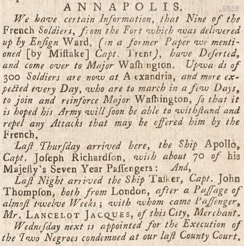 The Maryland Gazette, no 447.   Annapolis: Printed by Jonas Green, Post-Master, at his office in Charles Street, June 27, 1754. WASHINGTON'S EARLY MILITARY CAREER.