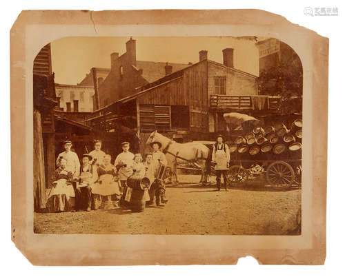 Large albumen print of a brewery and and its serious proprietors with beer in hand, BREWERY.