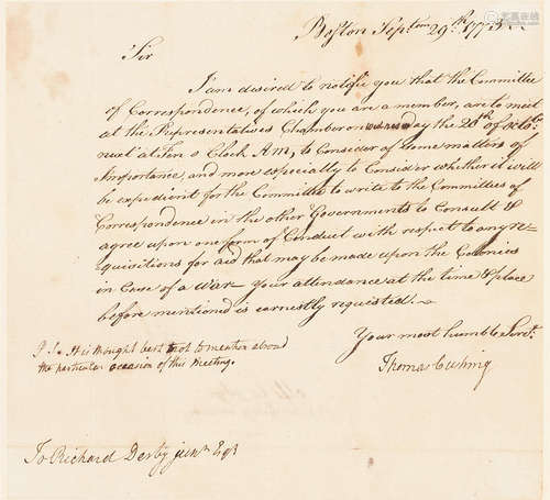 BOSTON TEA PARTY: COMMITTEE OF CORRESPONDENCE. CUSHING, THOMAS.