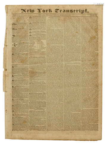 Lunar Discoveries.   In: New York Transcript. vol III no 9. New York: Hayward Stanley & Co., September 2, 1835. RARE NEWSPAPER PRINTING OF POE'S 