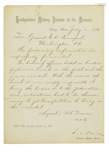 Holograph Manuscript, transcription of a telegram from Richard C. Drum regarding losses at Little Bighorn, DEATH OF GEN. CUSTER AT THE BATTLE OF LITTLE BIGHORN.