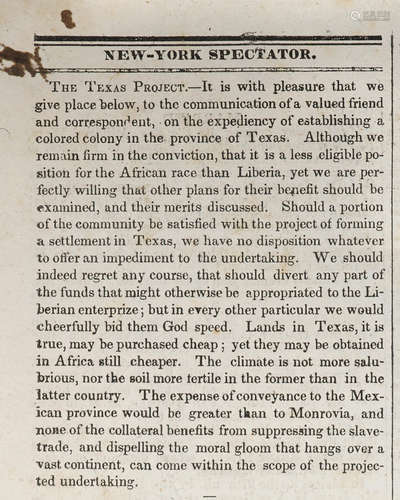 New-York Spectator, vol XXXVI.   New York: Francis Hall & Co., June 6, 1833. PROPOSAL TO COLONIZE EX-SLAVES IN TEXAS.