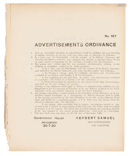 No 167. Advertisements Ordinance.   Jerusalem: Government House, July 20, 1920. BRITISH RULE OVER PALESTINE. SAMUEL, HERBERT.