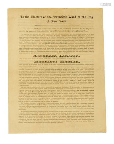 To the Electors of the Twentieth Ward of the City of New York. [New York: Executive Committee, 1860.] LINCOLN'S ELECTION.