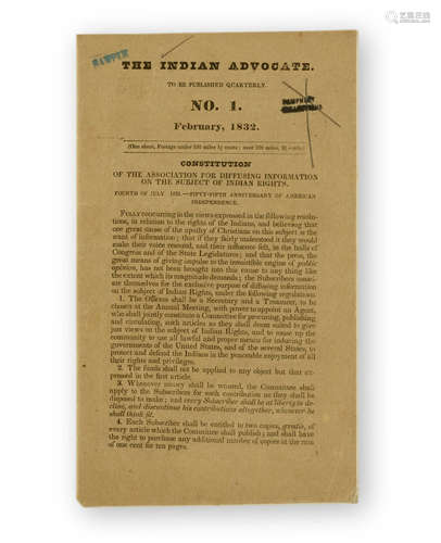 Indian Rights & our Duties. An Address delivered at Amherst, Hartford, etc. December, 1829, [Published as:] The Indian Advocate No 1, February, 1932. [New York:] Stereotyped for the Association for diffusing information on the Subject of Indian Rights, 1831. NATIVE AMERICAN RIGHTS. HUMPHREY, HENAN.