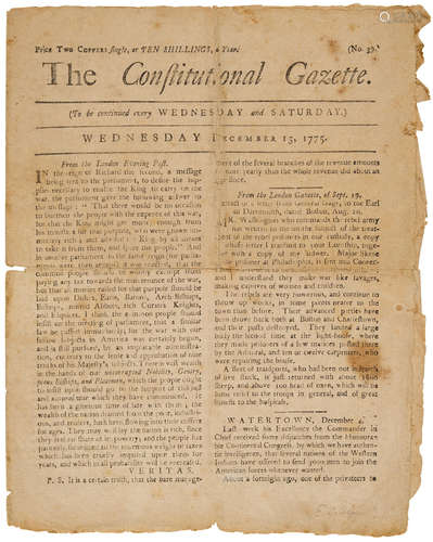 News of George Washington and the Continental Army. In The Constitutional Gazette, December 13, 1775,  REVOLUTIONARY WAR: NEWS OF THE CONTINENTAL FORCES.