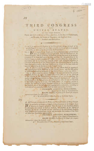 An act to authorize the President of the United States during the recess of the present Congress, to cause to be purchased or built a number of vessels to be equipped as gallies, or otherwise in the service of the United States ... [Followed by:] An act to make provision for the widow and orphan children of Robert Forsyth. [Philadelphia: Childs and Swaine, 1794.]  ACT OF CONGRESS: BUILDING THE U.S. NAVY. Third Congress of the United States.