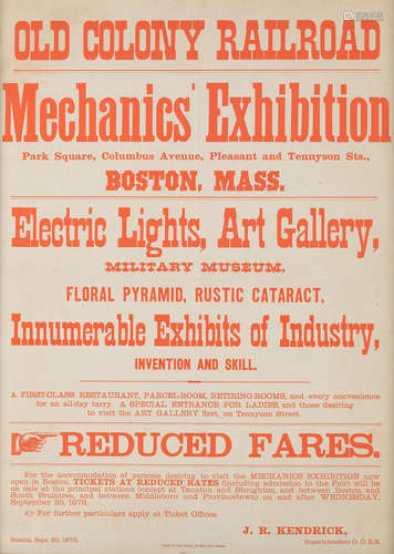 Mechanics Exhibition ... Electric Lights, Art Gallery, Military Museum, Floral Pyramid, Rustic Cataract, Innumerable Exhibits of Industry, Inveniton and Skill. Boston: George H. Ellis, Printer, 1878.  PRE-EDISON ELECTRIC LIGHT EXHIBITION, 1878.