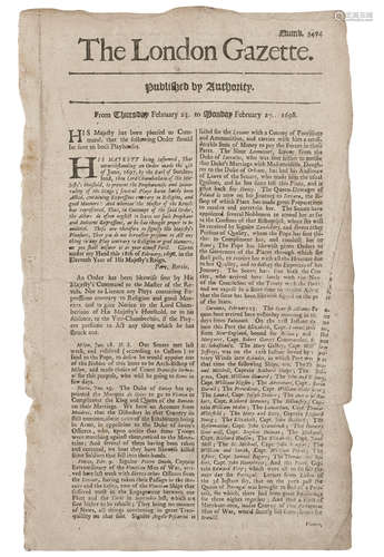 The London Gazette, numb. 3474. London: Edw. Jones, in the Savoy, [February 27], 1698. IMMORALITY IN RESTORATION THEATER.