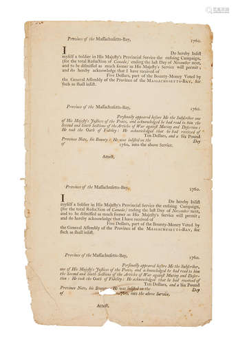 Province of the Massachusetts Bay 1760/ I ____________ Do hereby inlist myself a soldier in His Majesty's Provincial Service ... [Enlistment Handbill]. [Massachusetts: 1760.] FRENCH AND INDIAN WAR ENLISTMENT.