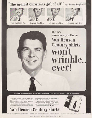 The new revolutionary collar on Van Heusen Century shorts won't wrinkle ... ever!   New York: Philips-Jones Corp., 1953. RONALD REAGAN FOR VAN HEUSEN SHIRTS.