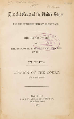 Bound volume containing 5 works relating to Civil War prize law, all 8vo, institutional cloth: CIVIL WAR PRIZE LAW. BETTS, SAMUEL ROSSITER. 1786-1868.