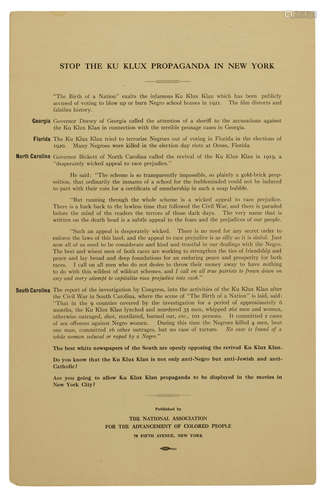 Stop the Ku Klux Klan Propaganda in New York.  New York: The National Association for the Advancement of Colored People, [after 1920]. NAACP PROTEST OF 