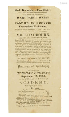 Shall Kansas be a Free State? Grand Rush for the Seat of War! War!! War !!! / Famine in Europe! Tremendous Excitement!  Indifferent Writers, Take Courage!  [New Hampshire: 1857.] 