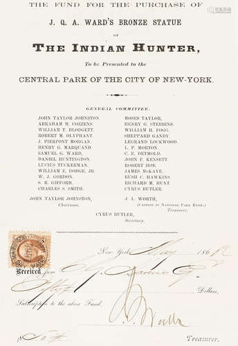 The Fund for the Purchase of J.Q.A. Ward's Bronze Statue of The Indian Hunter to be Presented to the Central Park of the City of New York.  [New York: 1866.] INDIAN HUNTER STATUE IN NEW YORK.